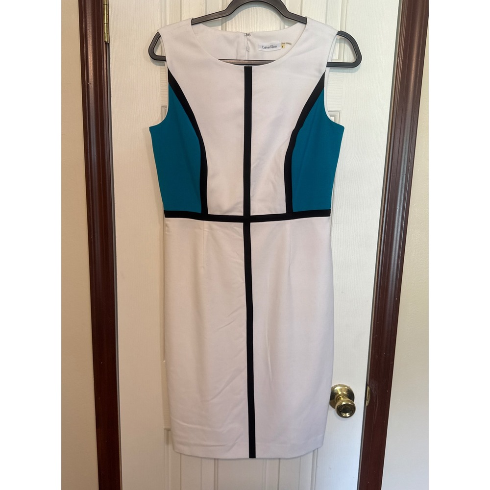 Calvin Klein Sheath Dress‎ Color Block Sleeveless Career White Teal Size 6